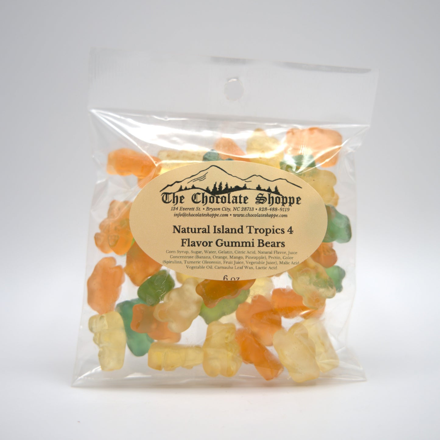 Packaged natural flavor gummy bears with a label on a white background