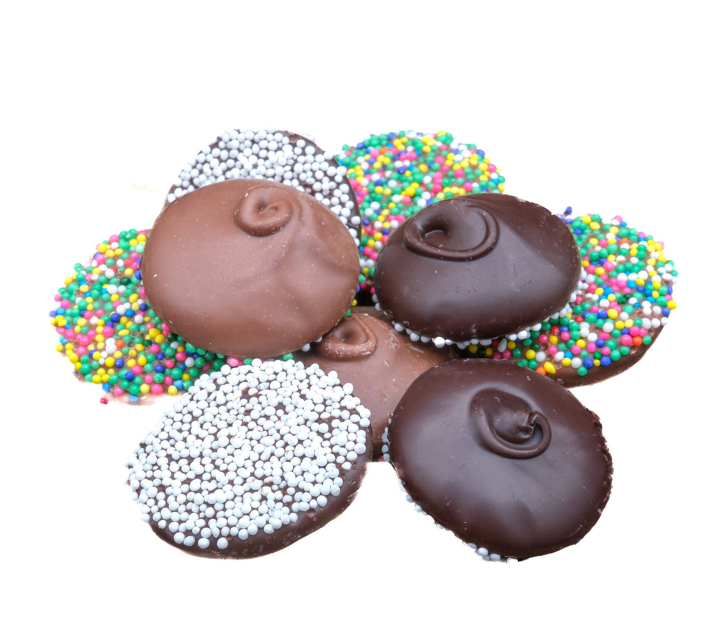 Chocolate nonpareils topped with colorful candy seeds