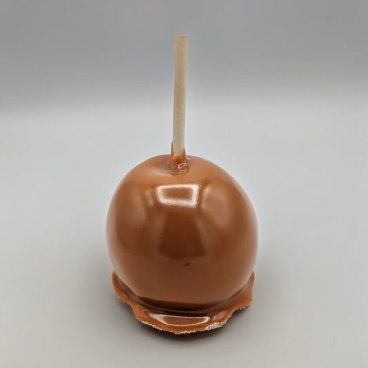 Caramel apple on a stick with a gray background