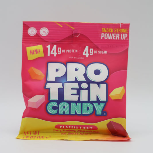 Chewy fruit flavored protein candy with soft spongy texture
