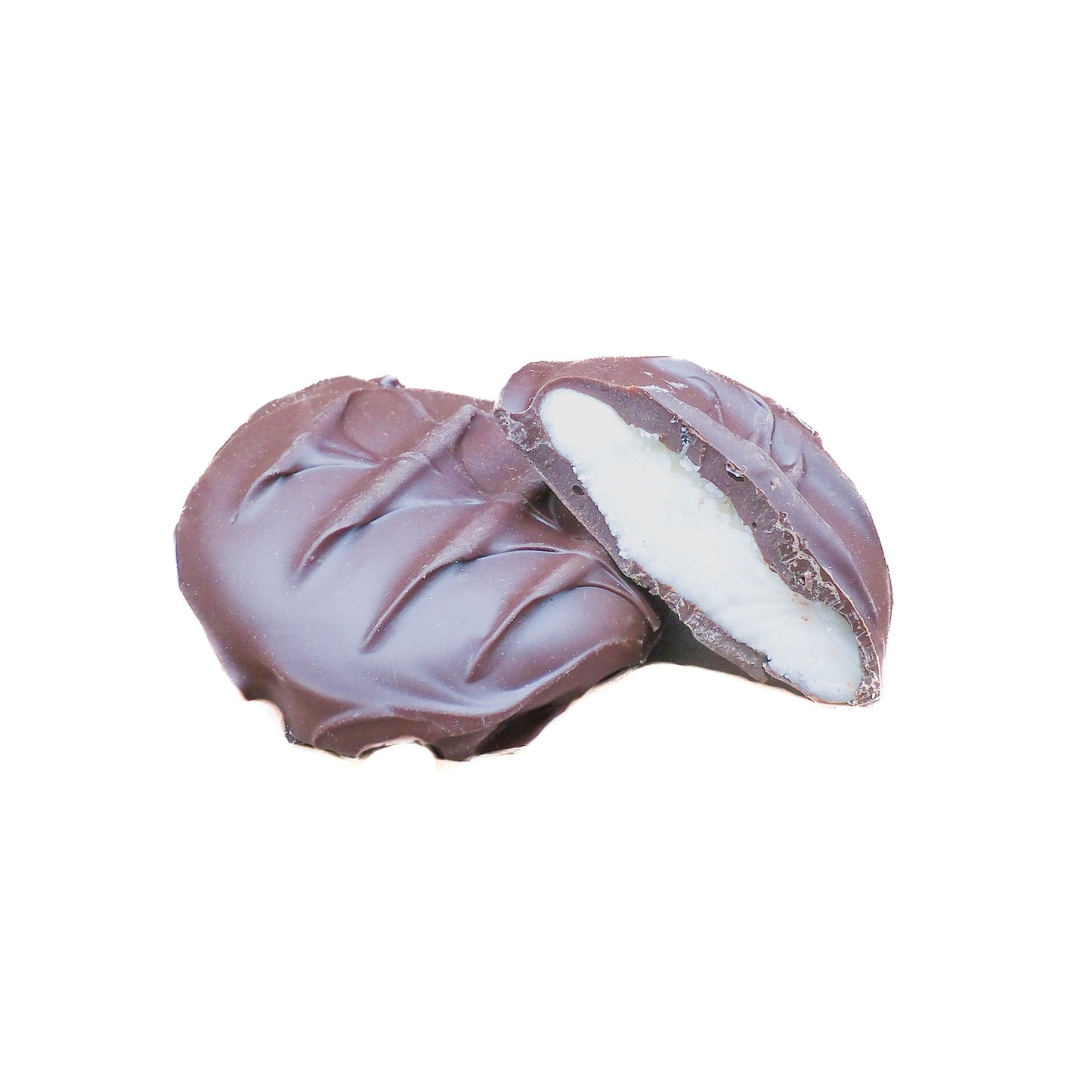 Mint patties with peppermint center and dark chocolate coating