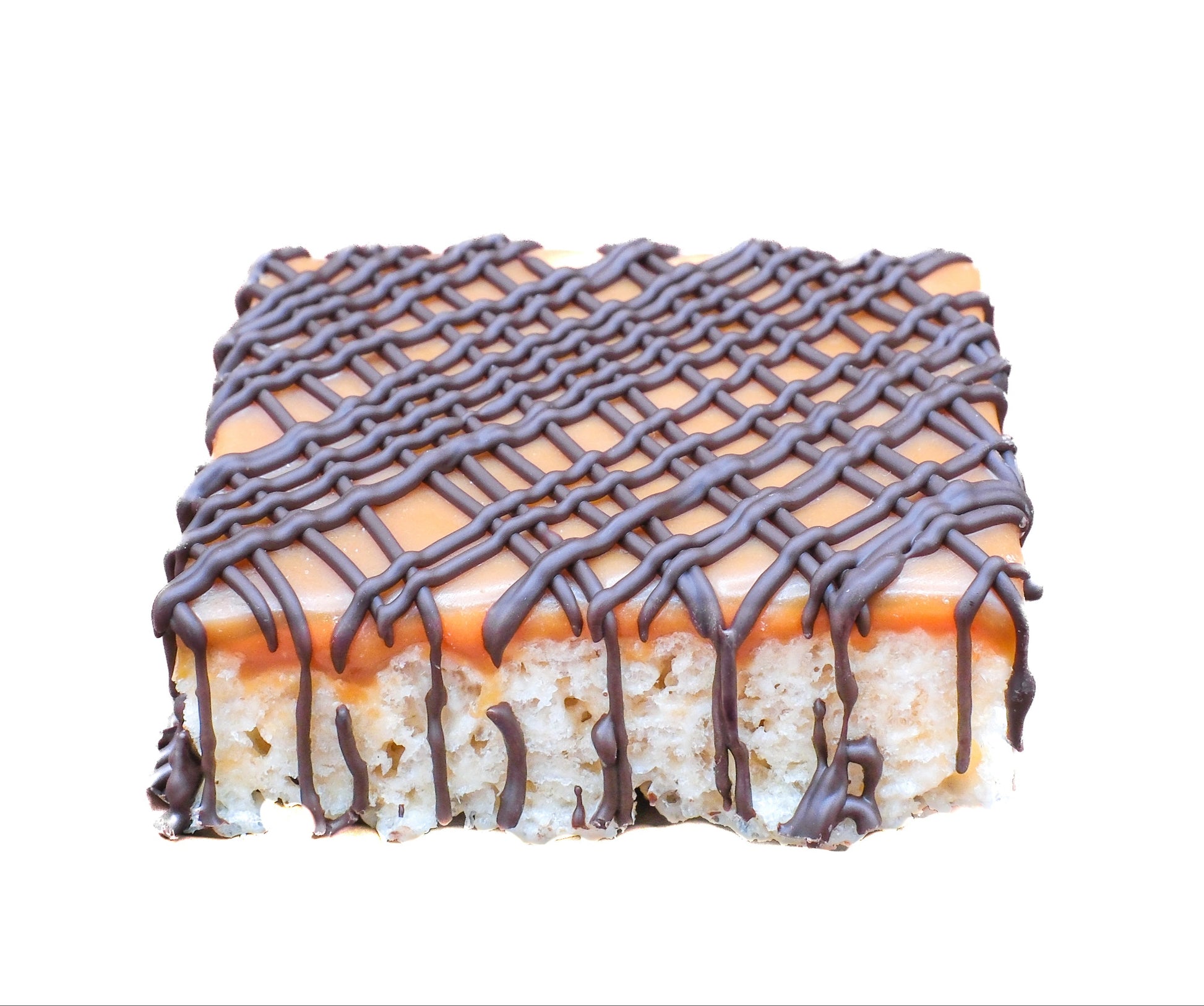 Chocolate covered Rice Krispie treat with caramel