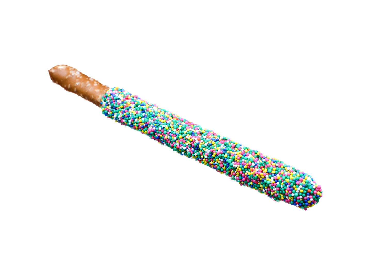 Chocolate covered pretzels topped with colorful sprinkles