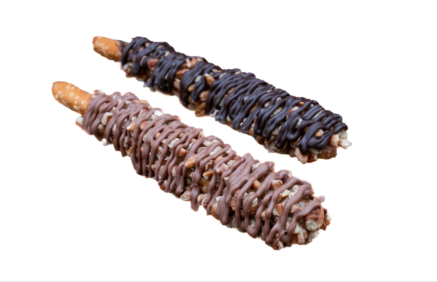 Chocolate caramel pretzel stick with toasted nuts