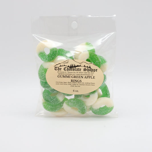 Green apple gummi rings with tangy sugar coating