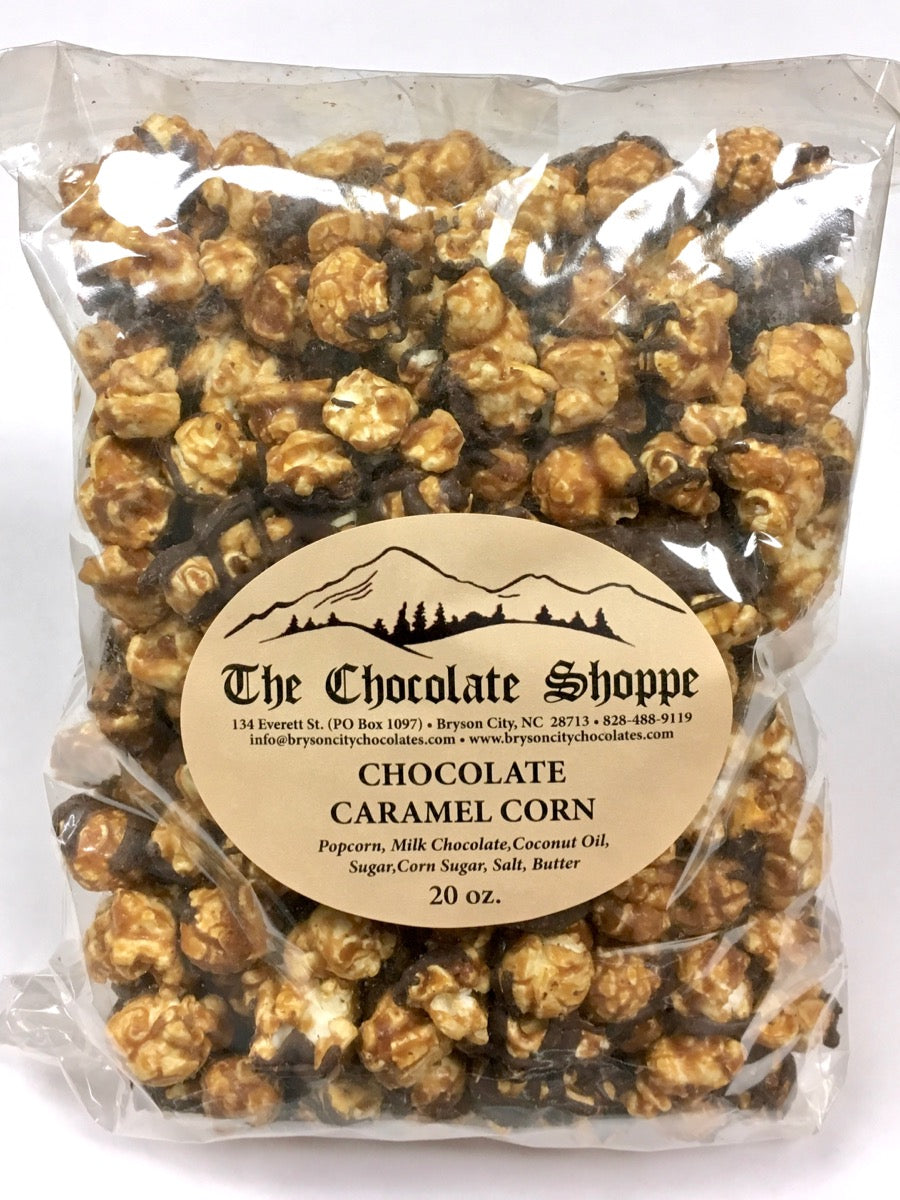Chocolate caramel corn coated in premium chocolate drizzle