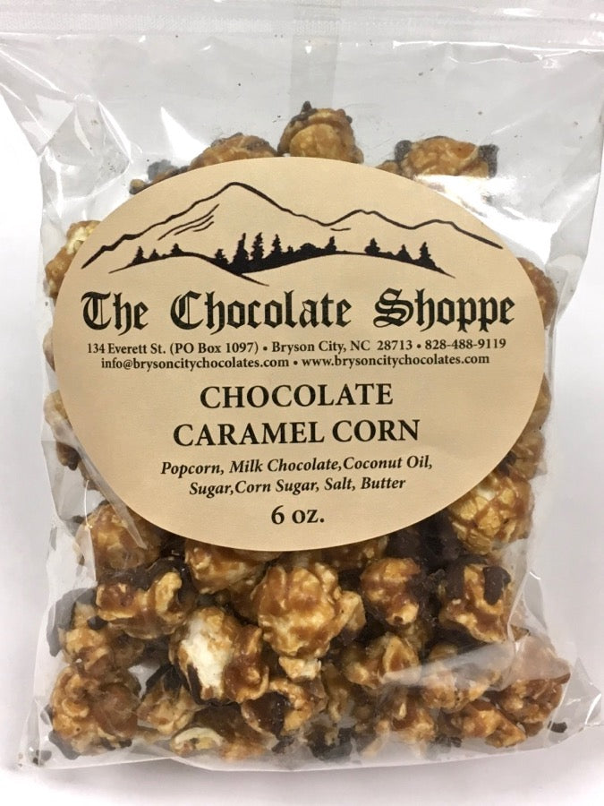 Chocolate caramel corn coated in premium chocolate drizzle