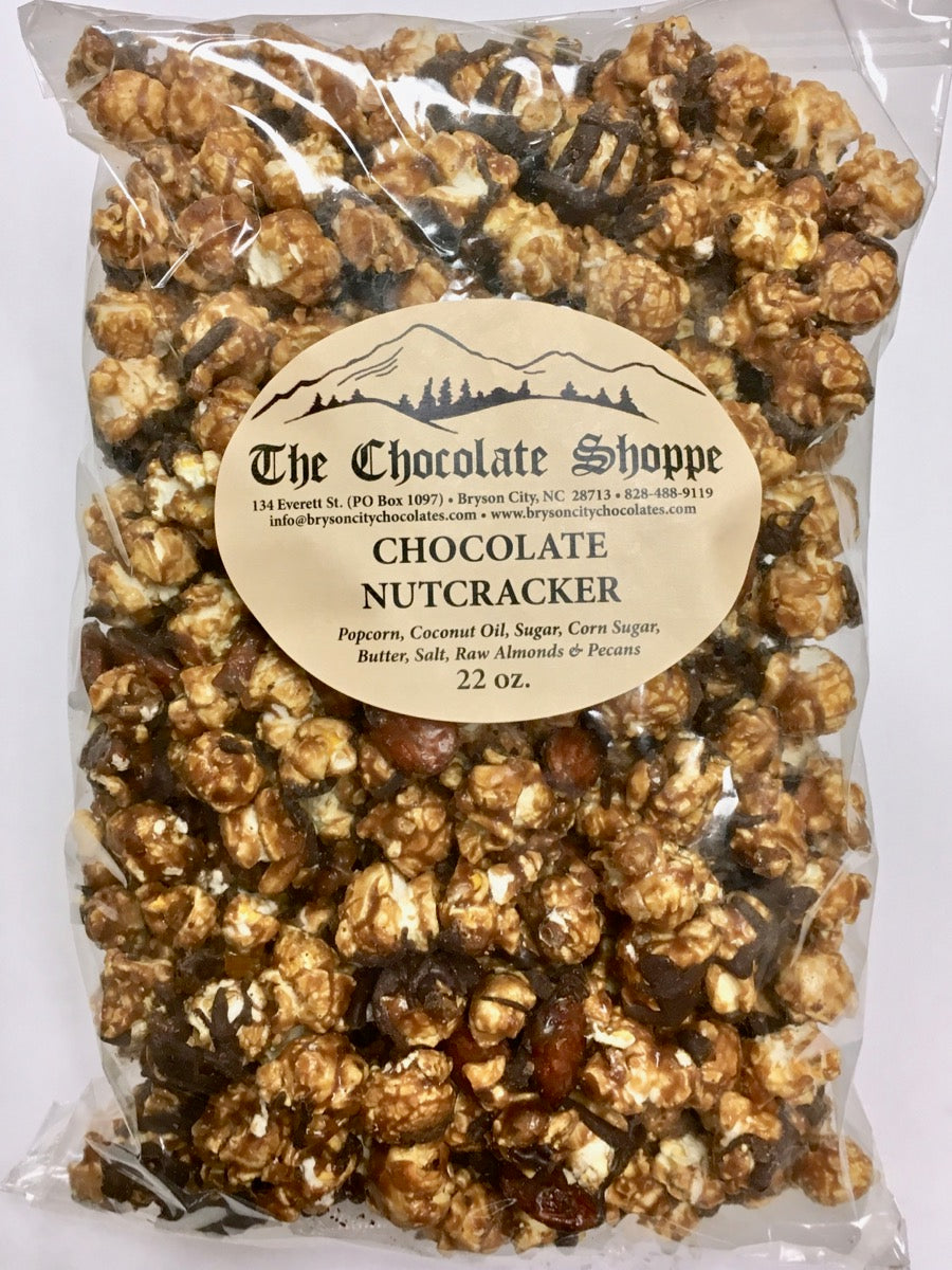 Chocolate nutcracker popcorn with caramel corn and roasted nuts