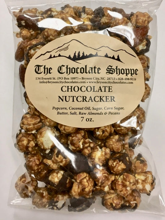 Chocolate nutcracker popcorn with caramel corn and roasted nuts